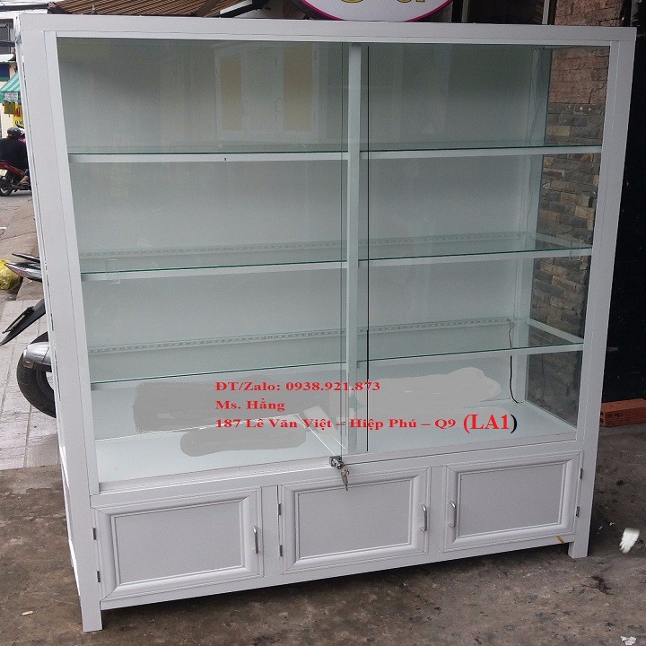 Tủ nhôm kính trưng bày màu Trắng Sữa loại 3 tầng kính KT: D200 *R40 *C200cm-TNKTRB03-20040200-HĐ