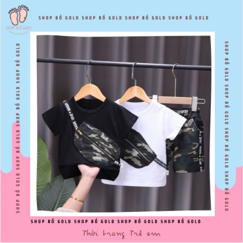 Bộ quần áo cho bé trai⚡ CHẤT COTTON⚡ Áo phông túi chéo quần rằn ri chất liệu cotton phong cách Hàn Quốc 2021