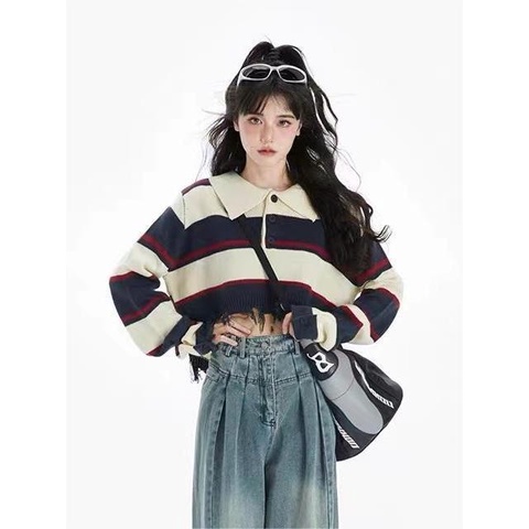 ZHELIHANGFEI Áo Sweater Tay Dài Cổ POLO Lưng Cao Họa Tiết Kẻ Sọc Phong Cách Mỹ