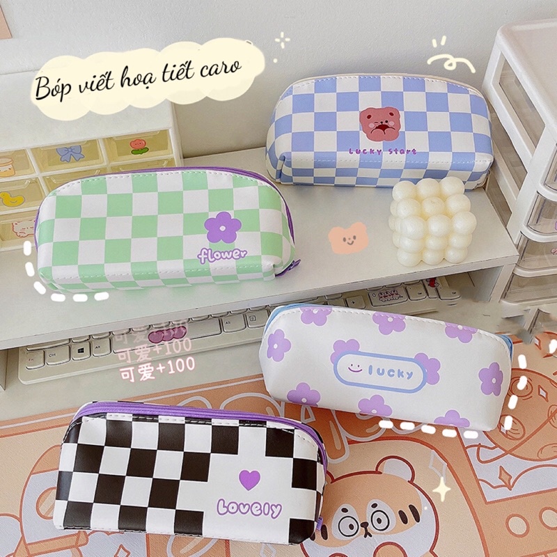 Bóp viết kiểu kẻ caro Da PU