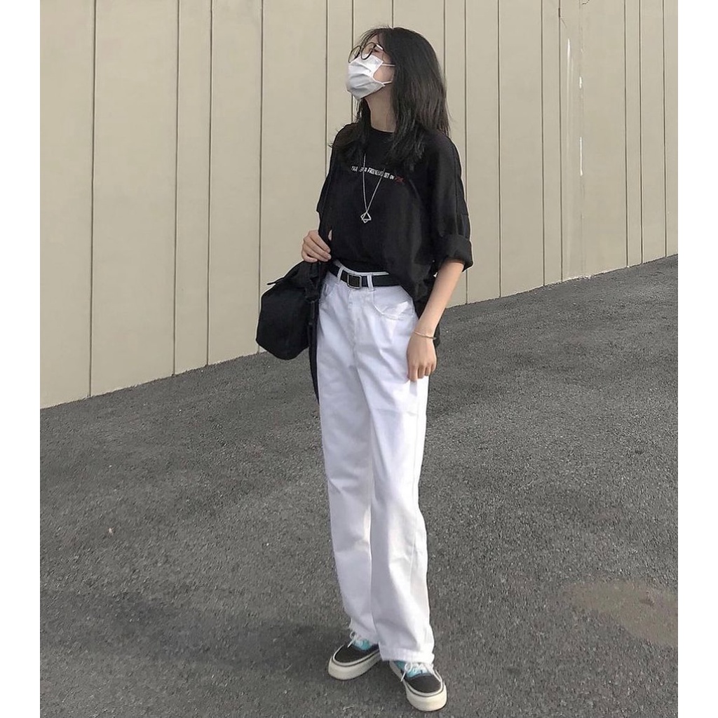 Quần jean nữ phối khuy gài eo cạp cao phong cách Ulzzang Hàn Quốc hai màu đen trắng ngầu chất B230 | BigBuy360 - bigbuy360.vn