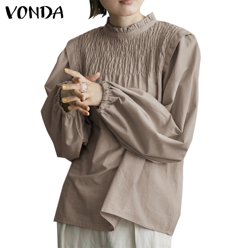 Áo kiểu nữ VONDA xếp nếp thụng màu trơn cổ cao tay dài phong cách Hàn Quốc thường ngày