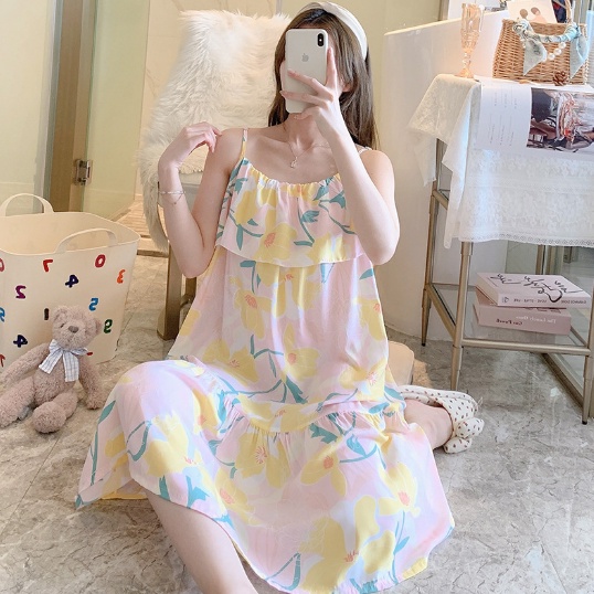 Váy ngủ, đầm ngủ bầu lanh lụa freesize siêu mềm mát, nhiều hoạ tiết