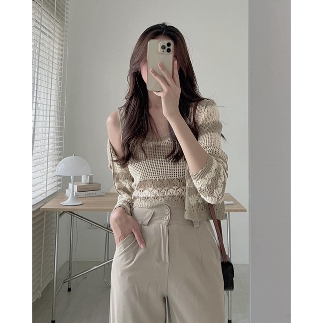 Set Áo Len Cặp Gồm Áo Dây Mix Cùng Cadigan Hoạ Tiết Mới