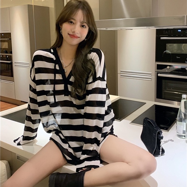 Áo hoodie ZHELIHANGFEI chống nắng dáng rộng họa tiết kẻ sọc dễ phối đồ cho nữ