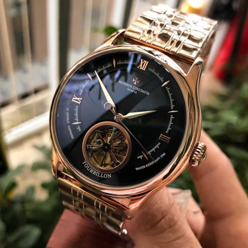 Đồng hồ Nam Vacheron máy nhật, mẫu 3kim mặt đen viền vàng, dòng cơ Automatic size 40mm-41mm