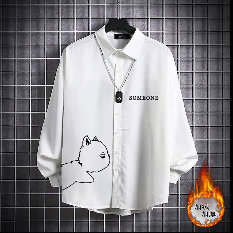 Hàng Có Sẵn Áo Sơ Mi Tay Dài In Hình Mèo Phối Nhung Dày Dặn Ấm Áp Thời Trang Thu Đông Phong Cách Nhật Bản Cho Nam