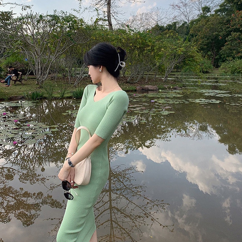 IELGY   Đầm Dệt Kim Mỏng Cổ Chữ v Màu Xanh Lá Thời Trang Cho Nữ