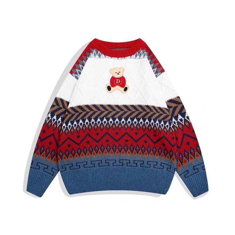 Áo len rộng rãi Unisex cho nam và nữ thiết kế hình chú gấu, áo len thổ cẩm Vintage Thu / Đông, áo len ấm áp cho mùa đông