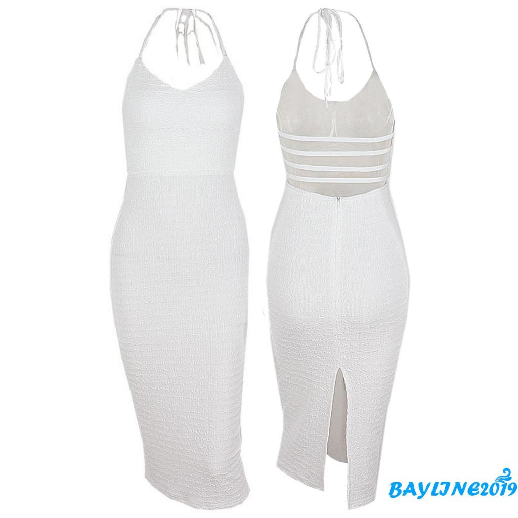 Đầm Dài Dáng Ôm Hở Lưng Cổ Yếm Phối Dây Màu Trơn Thời Trang Quyến Rũ Cho Nữ