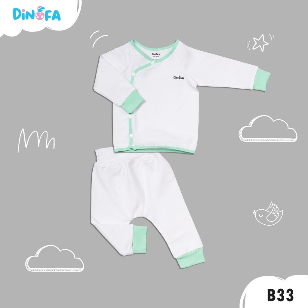 Set quần áo sơ sinh DINOFA cho trẻ 0-3M thiết kế cúc chéo, màu trắng viền xanh lá_B14 B33