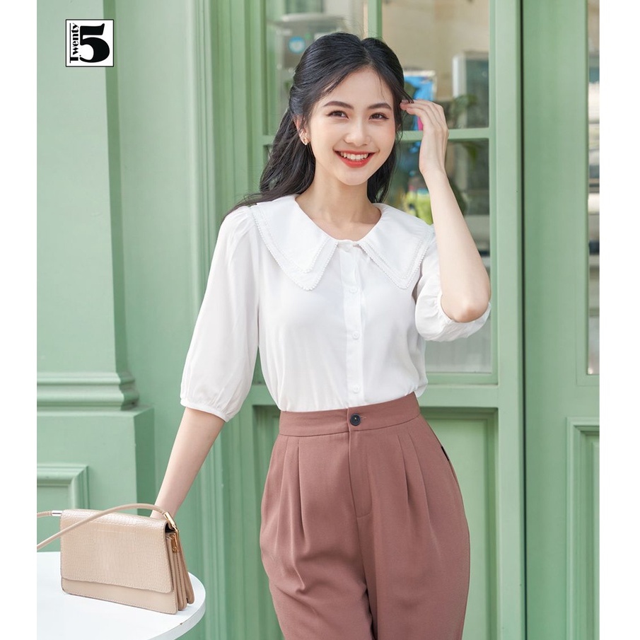 Áo sơ mi công sở nữ kẻ cổ sen viền ren hạt nữ tính Twentyfive T1107