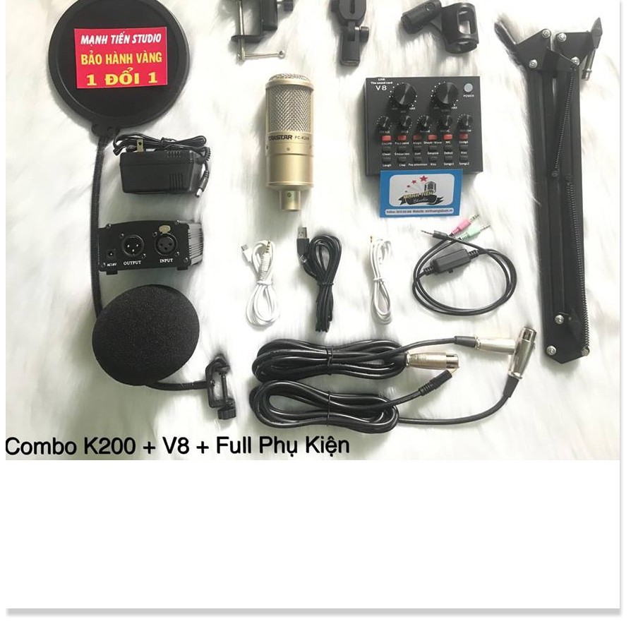 Trọn Bộ Combo Micro Takstar PC-K200 + Soundcard V8 + Full Phụ Kiện hỗ trợ tốt cho karaoke facebook, tiktok