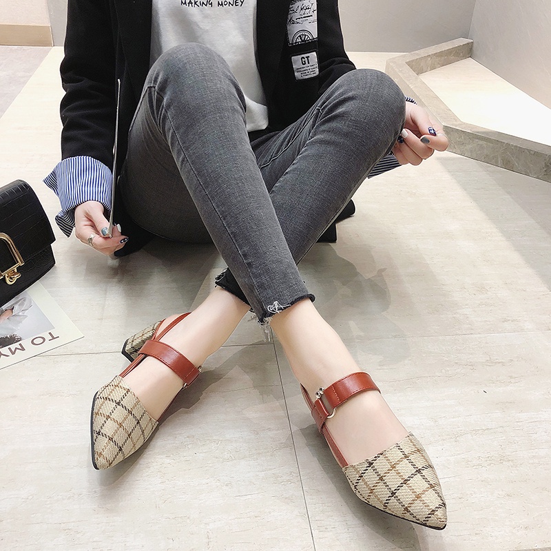Giày cao gót mũi nhọn họa tiết sọc caro tùy chọn màu sắc thời trang phong cách Hàn Quốc cho nữ