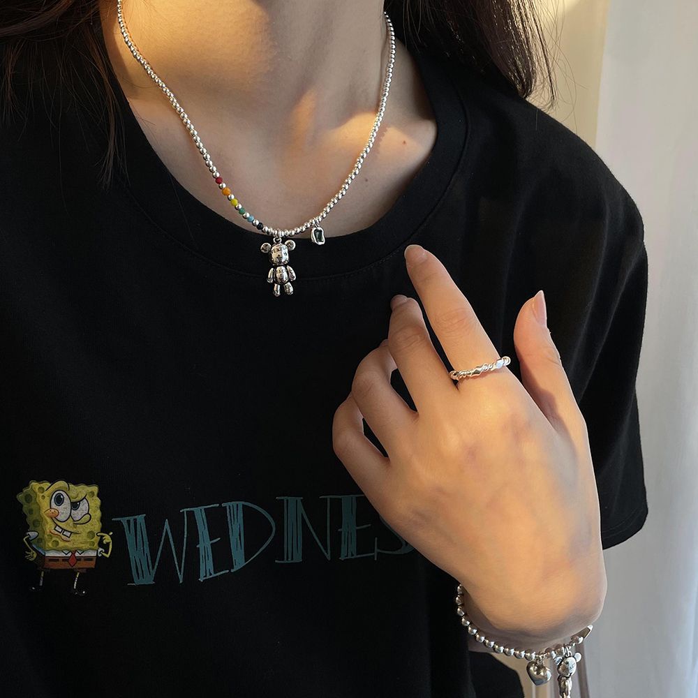 Vòng cổ bằng thép titan mặt hình gấu hoạt hình phong cách Hàn Quốc thời trang cho nữ