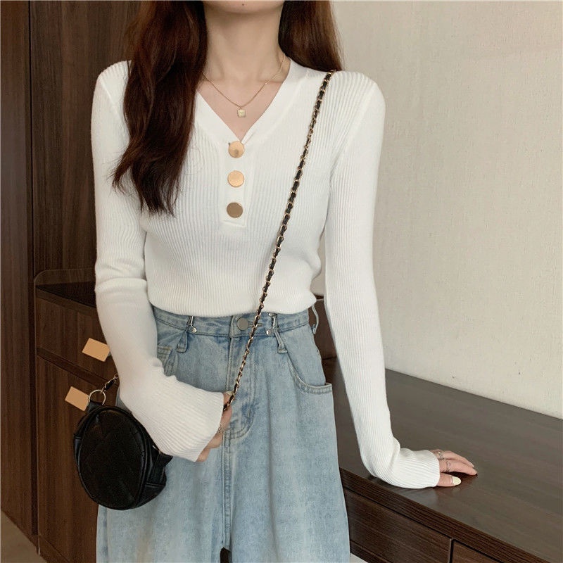 Áo Sweater cổ chữ V màu đen thời trang thu đông cho nữ