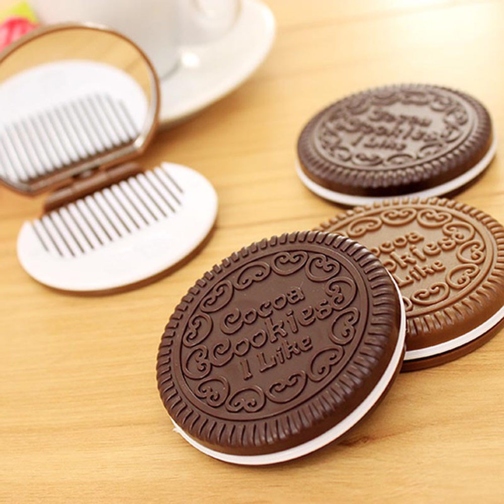 LUCKY Cute Mirror with Comb Women Chocolate Cookie Shaped Design Beauty Home Office Use Makeup Tool Dark Brown Pocket Mirror