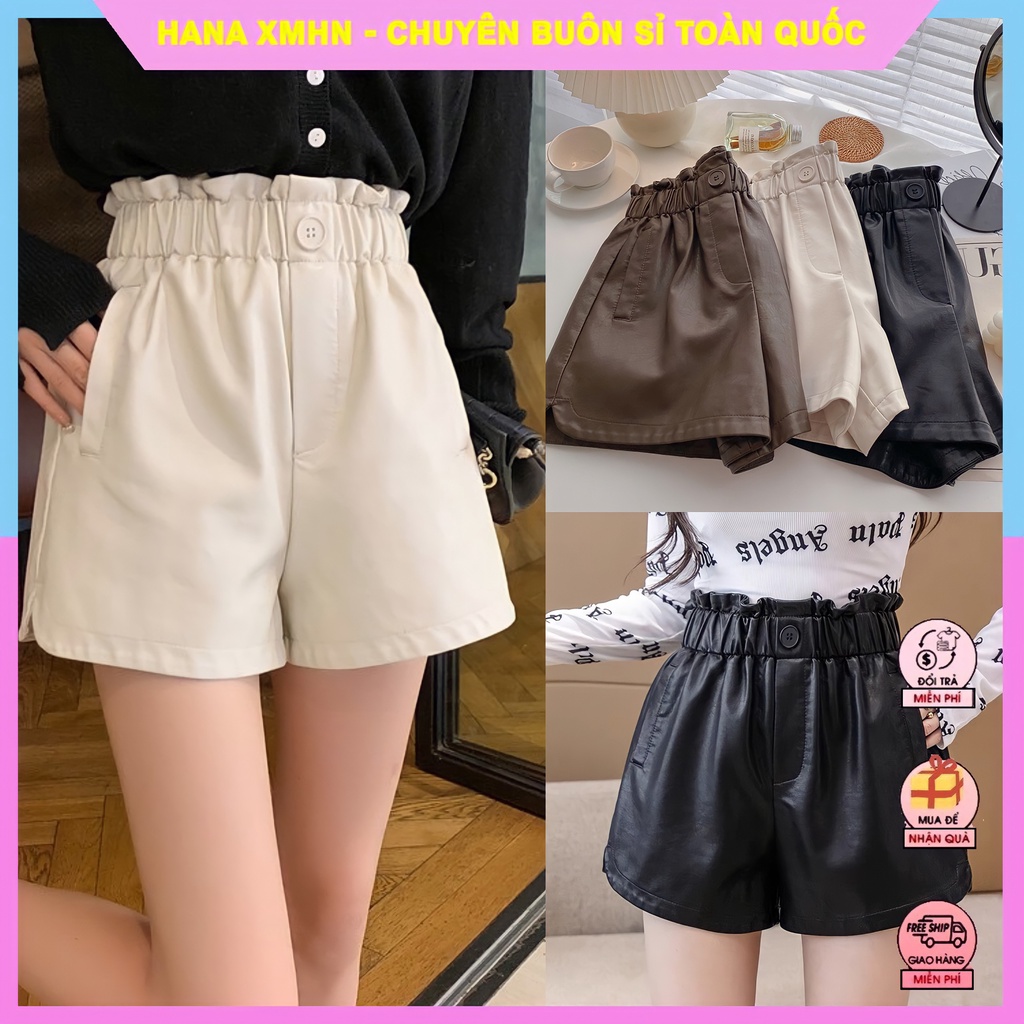 Quần Short Da Nữ Cạp Bèo Đính Cúc, Quần Đùi Dáng Rông Màu Siêu Xinh