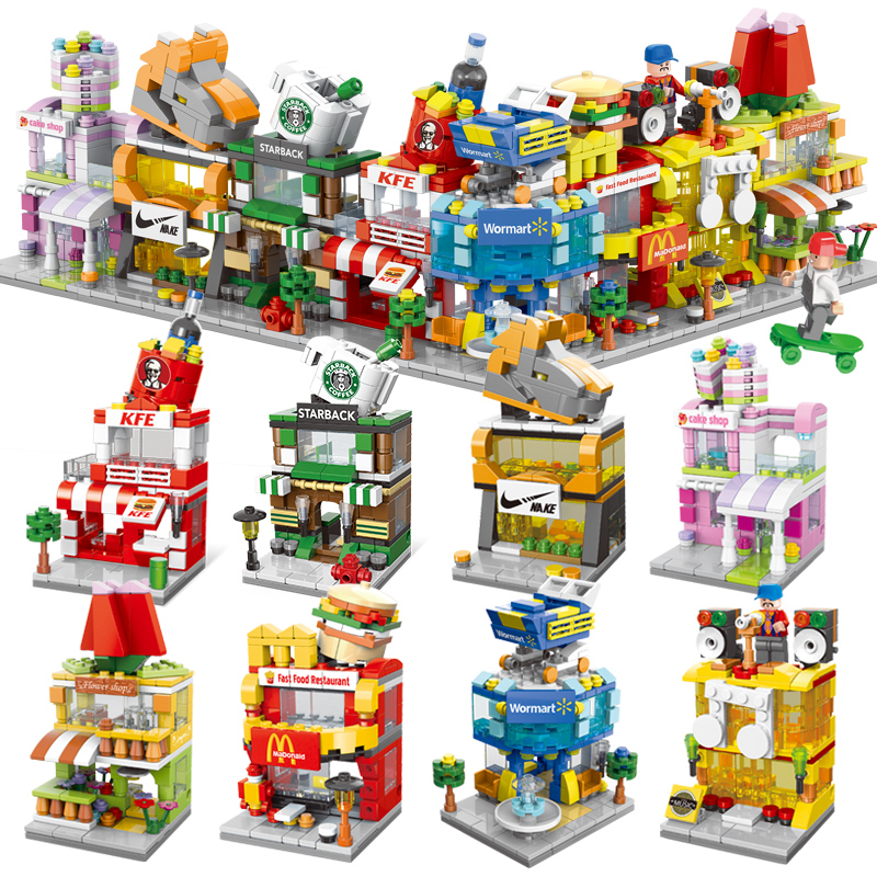 Đồ chơi Lego Streetscape Lắp ráp MINI Creative Shop Building Block Building Blocks Đồ chơi cho trẻ em McDonald's KFC