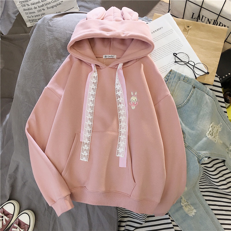 Áo hoodies có nón dài tay thêu hình tai thỏ dễ thương