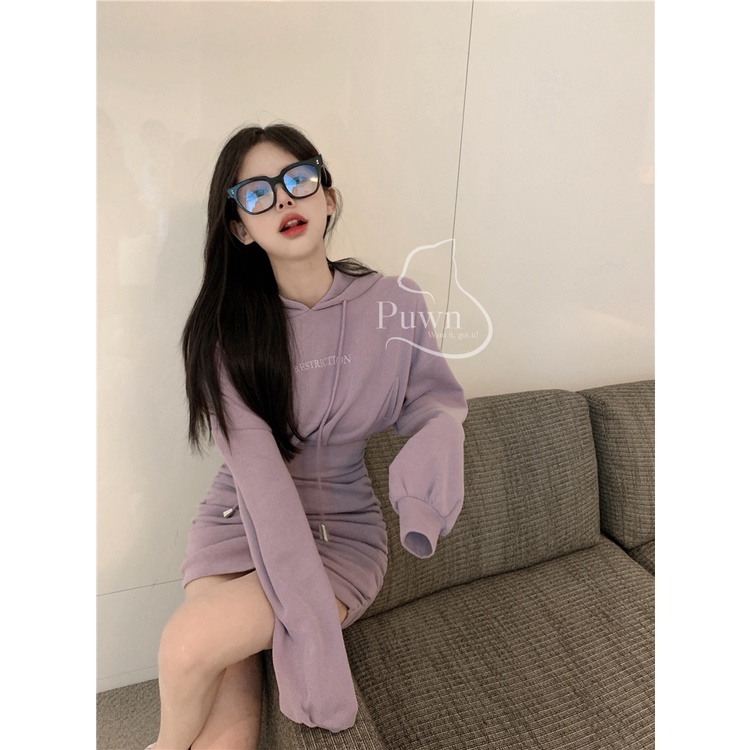 Váy Hodies mũ tai mèo, bó eo rút 2 bên màu tím dễ thương năng động Puwn Shop