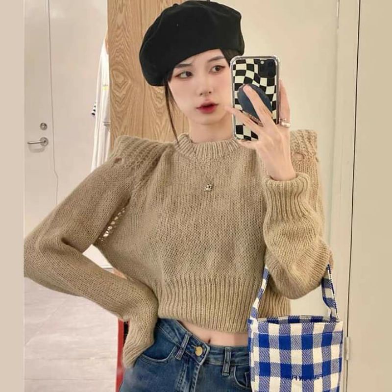 Áo len croptop trơn cổ tròn❄