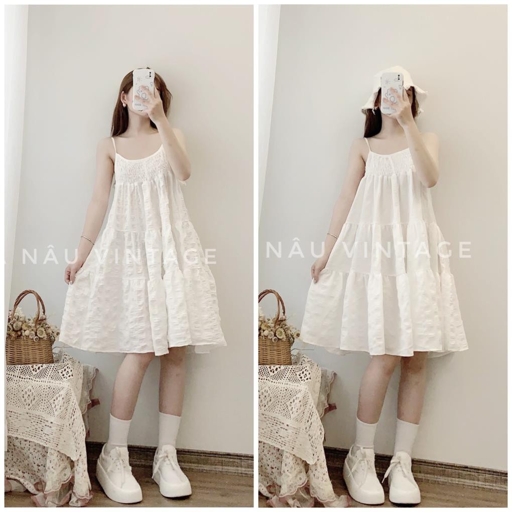 váy, đầm dây babydoll màu trắng công chúa bồng bềnh (cam kết ảnh shop chụp thật 100%)  ཾ ྇