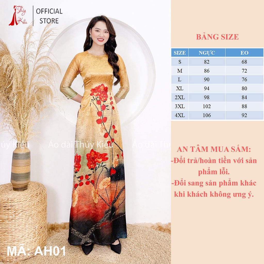 Áo dài may sẵn thiết kế trung niên nữ đẹp cách tân tết vàng hoa đỏ AH01 mềm mại, co giãn