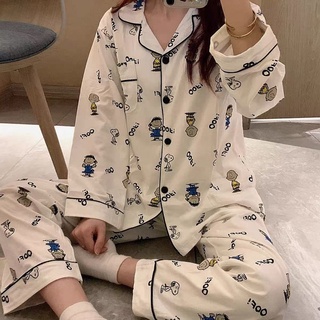 Bộ đồ ngủ tay dài in hoạt hình Snoopy kiểu Nhật Bản đơn giản và đáng yêu cho nữ