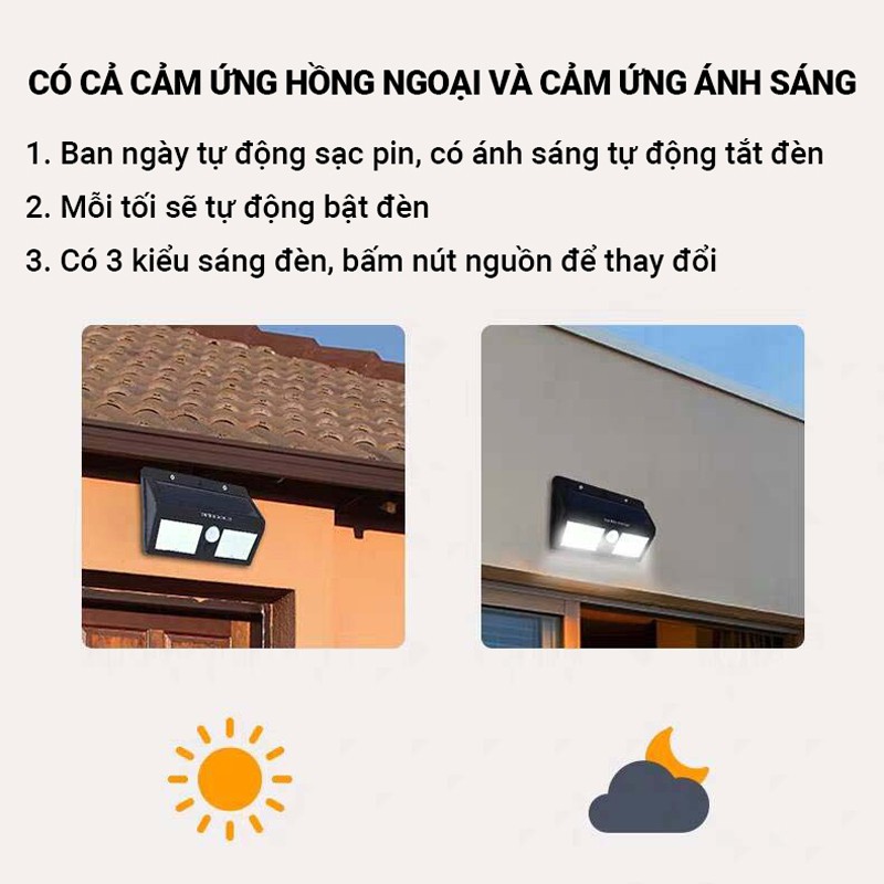 Đèn LED treo tường cảm ứng thông minh 60 bóng LED, sử dụng pin năng lượng mặt trời, không tốn tiền điện, dễ dàng lắp đặt