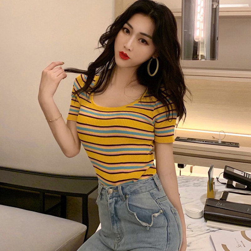 Korean U-neck Color Striped Short Knit Short-Sleeved T-shirt