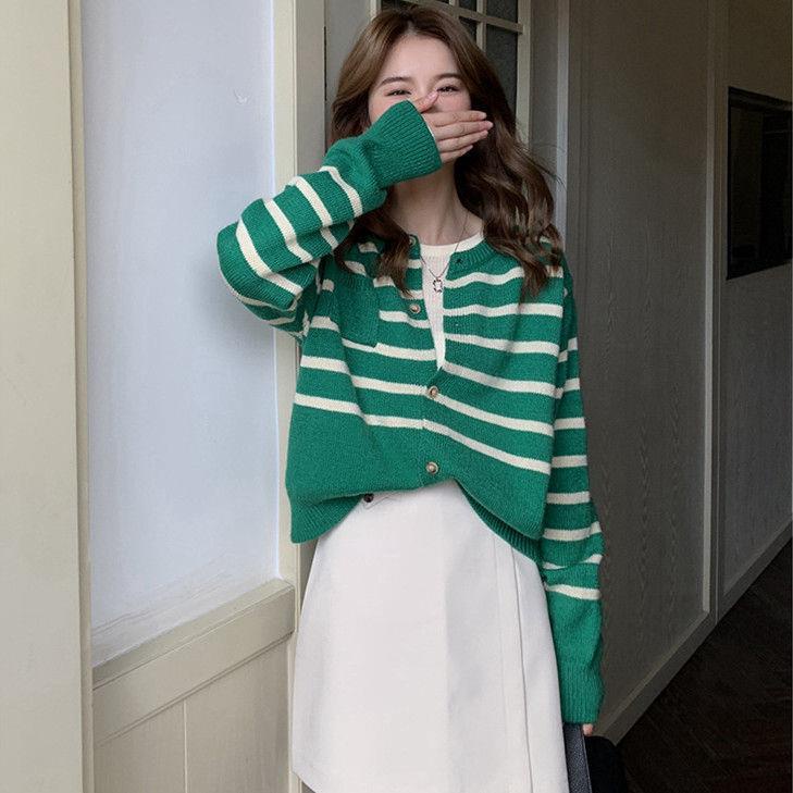 ihkke Áo khoác Cardigan dáng rộng in sọc thời trang Hàn Quốc sành điệu