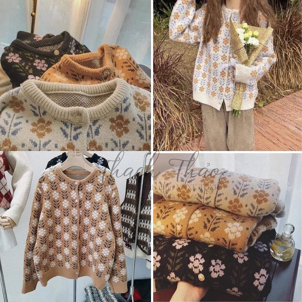 ÁO LEN CARDIGAN VINTAGE DÀI TAY CỔ TRÒN HOẠT TIẾT HOA 3 MÀU