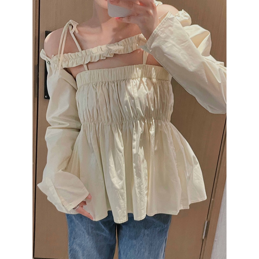 Ái tay dài trễ vai hai mảnh mỏng xếp ly | BigBuy360 - bigbuy360.vn