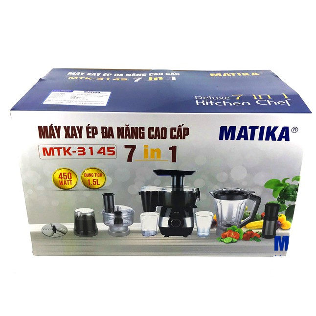 Máy xay ép đa năng Matika MTK-3145 với các chức năng xay sinh tố, ép trái cây, cắt lát, thái sợi