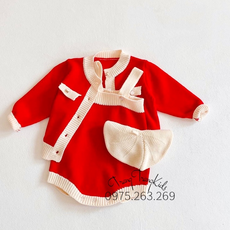 BỘ ÁO CADIGAN LEN + YẾM LEN ĐỎ CHO BÉ GÁI 5-13 KG