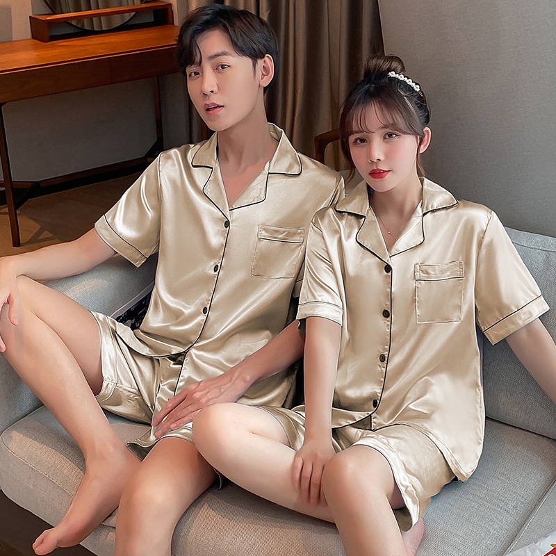 Bộ Đồ Ngủ Vải Lụa Satin Tay Ngắn Plus Size M-5XL Thời Trang Hàn Quốc Cho Nam Và Nữ