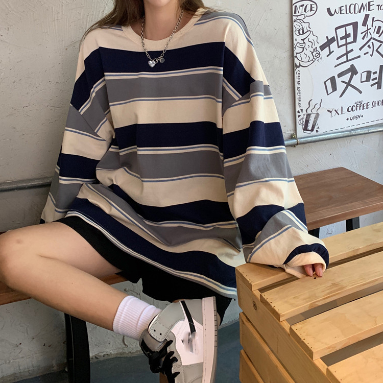 Áo sweater tay dài kẻ sọc ngang nhiều màu sắc phong cách Hàn Quốc trẻ trung cho nữ