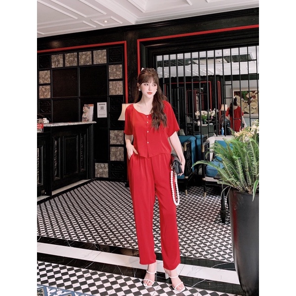 Set đồ bộ pijama LỤA phá cách cổ vuông tay ngắn quần dài form rộng