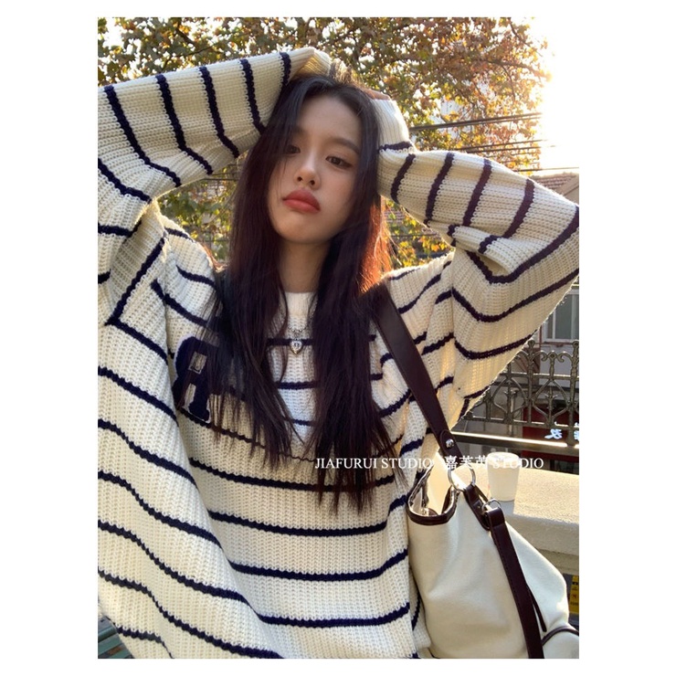 Áo sweater len LANIESTORE form rộng oversize dài tay dày dặn cá tính màu trăng kẻ đen ngang