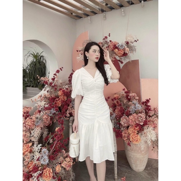 Váy thiết kế xoắn ngực tay bồng nhún eo đuôi cá hai màu tiểu thư siêu xinh