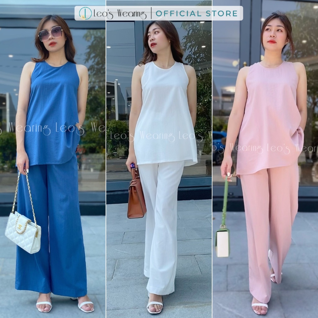 Set Đũi Nữ 2 món Quần suông ống rộng mix Áo cộc tay cài nút sau lên dáng siêu sang LEOSWEARING N72 Q57 Q49