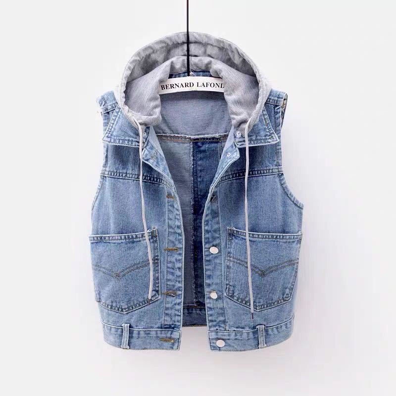 Áo Khoác Denim Nữ Không Tay Có Mũ Trùm Đầu Phong Cách Hàn Quốc