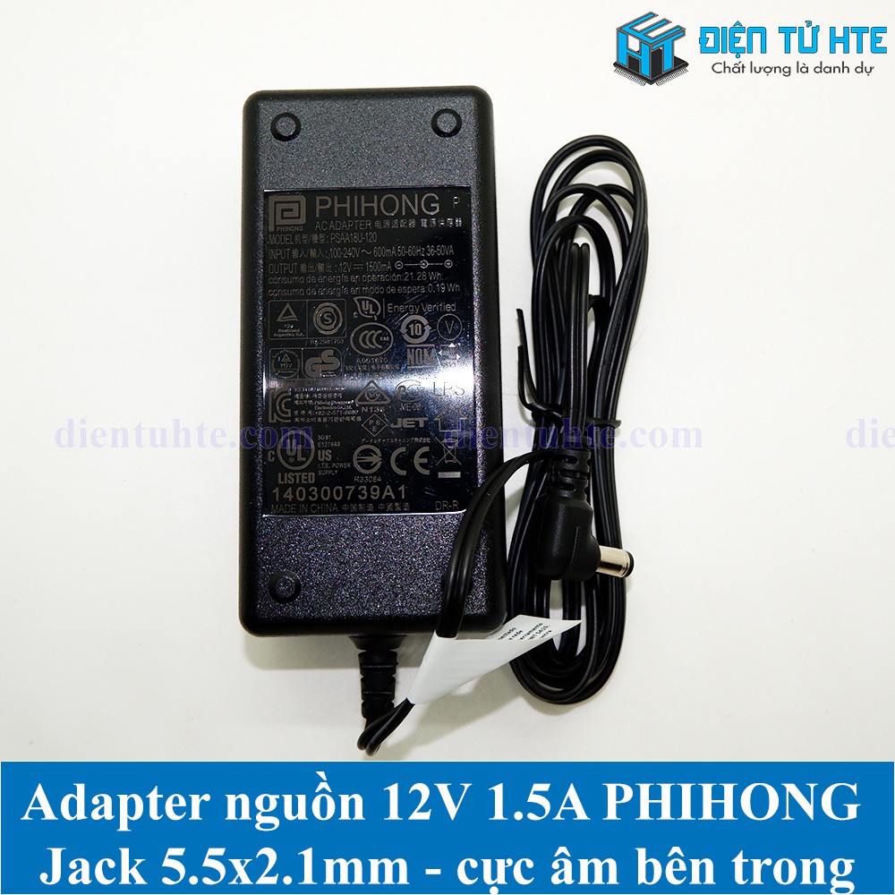 Adapter nguồn 12V 1.5A PHIHONG Jack 5.5x2.1mm cực âm bên trong