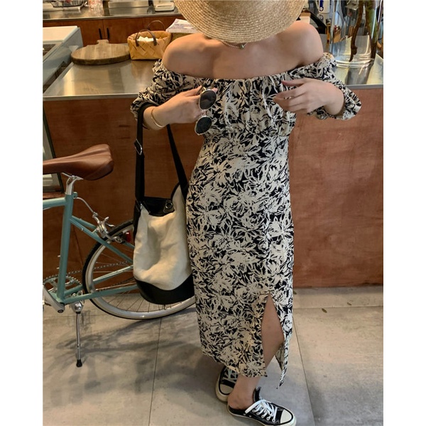 QKOOLE Đầm  ngắn tay kiểu hoa xẻ tà phong cách ulzzang thời trang Hàn Quốc gợi cảm dành cho nữ