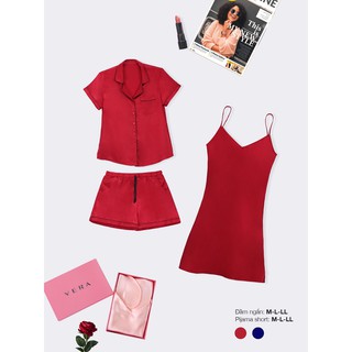 Combo đầm ngắn - bộ mặc nhà pijama satin VERA 0129/0126