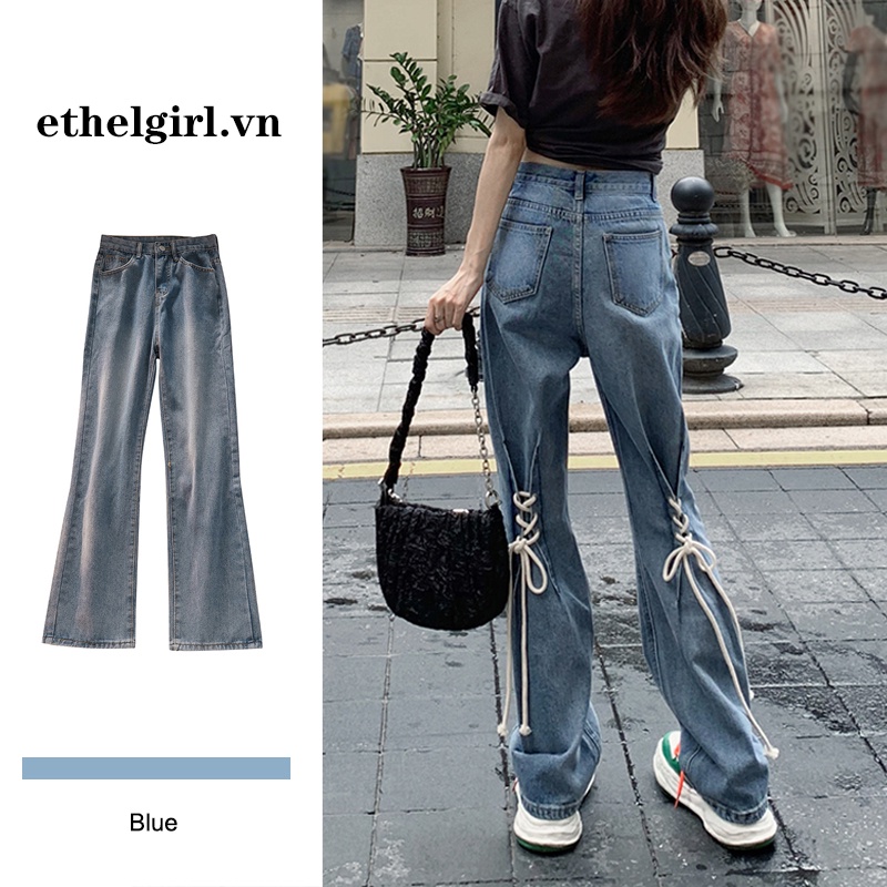 Quần jean ống rộng lưng cao thời trang Hàn Quốc sành điệu cho nữ