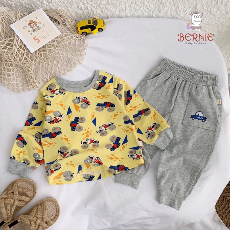 Bộ bé trai dài tay hình ô tô chất cotton cao cấp dày dặn Bernie từ 8-22kg