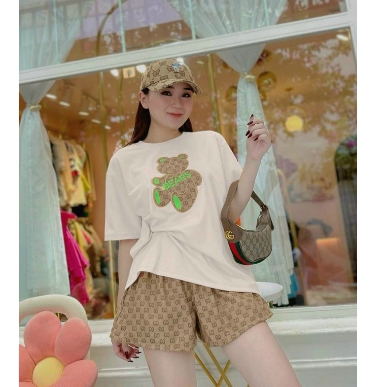 Sét bộ nữ hót Trend áo thun họa tiết thêu gấu kèm quần phối túi thời trang nữ mùa hè