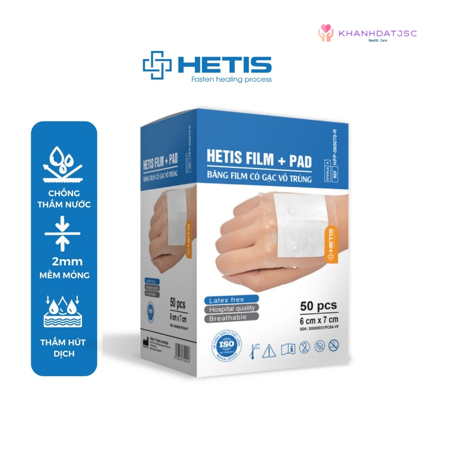 Combo băng film có gạc vô trùng HETIS FILM + PAD chống thấm nước, hút dịch, bảo vệ vết thương